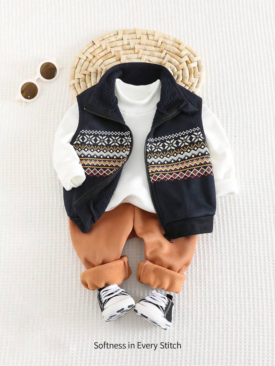 Cozy Pixies Conjunto de 3 piezas para bebé niño que incluye chaleco sin mangas de cuello alto con estampado, camisa de unicolor y pantalones