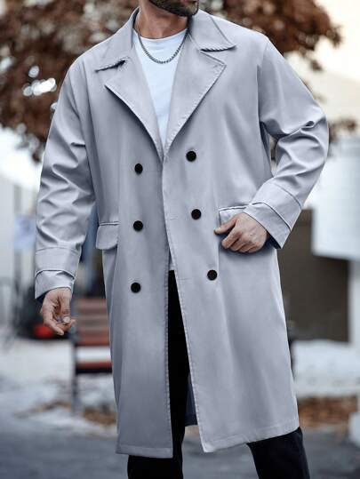Manfinity Homme 大码男式纯色前扣长袖口袋休闲风衣