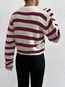 EURMUSE Women Front Button Long Sleeve Striped Minimalist Casual Top, Daily Wear - Burgundy - View 2