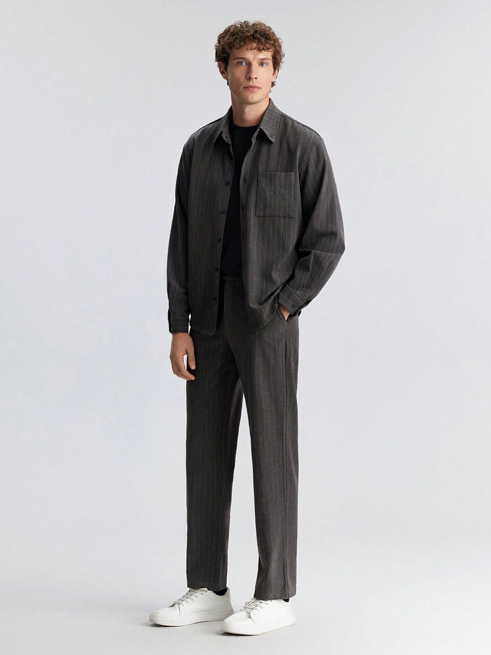 Men's Autumn Grey Striped Long Sleeve Single-Breasted Pocket Casual Shirt,Modest Minimalist Style For Prom,Valentine's Day,Dates,Business Commute