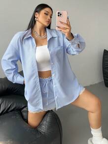 Flirla Plus Size Striped Loose Shirt With Lace Waist Drawstring Shorts 2 Pieces Set - Multicolor - View 4