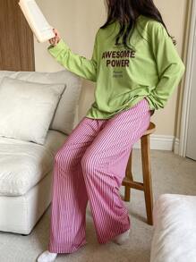 DAZY Women Casual Letter Graphic Print Decor Top & Striped Loose Pajama Set, Spring, Fall Winter Clothes Pajama - Green - View 6