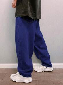 Manfinity Hypemode 宽松男士斜口袋直筒宽松牛仔裤 - 深色水洗藍 - 查看 7