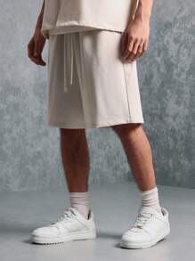 SUMWON Luxury Resort Wear Boxy Fit Revere Collar Short Sleeve Button Down Shirt Set With Matching Shorts Summer Beach Vacation Lounge Wear Casual Two-Piece Coordinated Outfit - Apricot - View 5