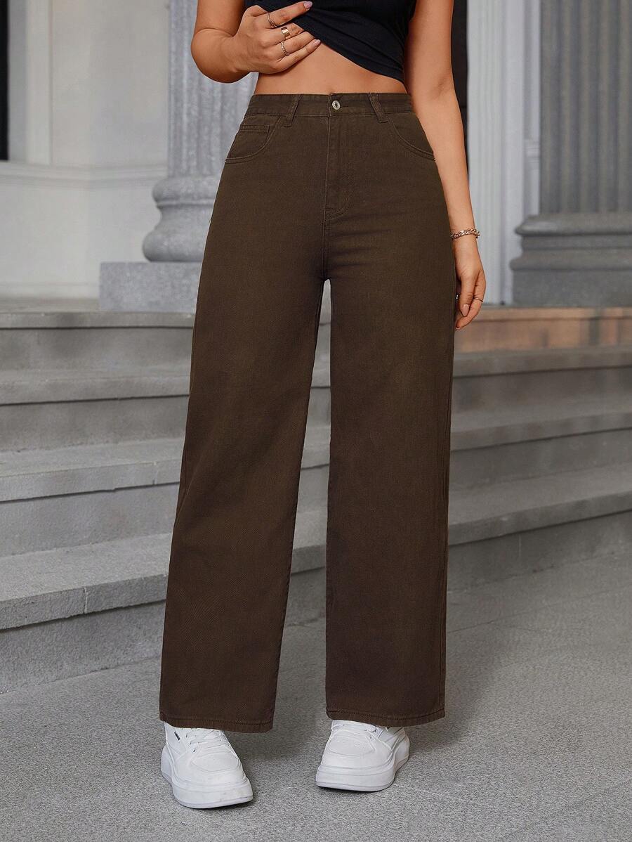 SHEIN EZwear Women's Straight Loose Casual Jeans With Pockets - Brown - View 1