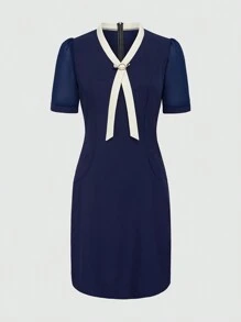 EMERY ROSE Women V-Neck Contrast Button Embellished Short Sleeve Top - Navy Blue - View 3