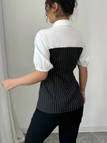 Elenzga Shirt Collar Single-Breasted 2 In 1 Striped Shirt