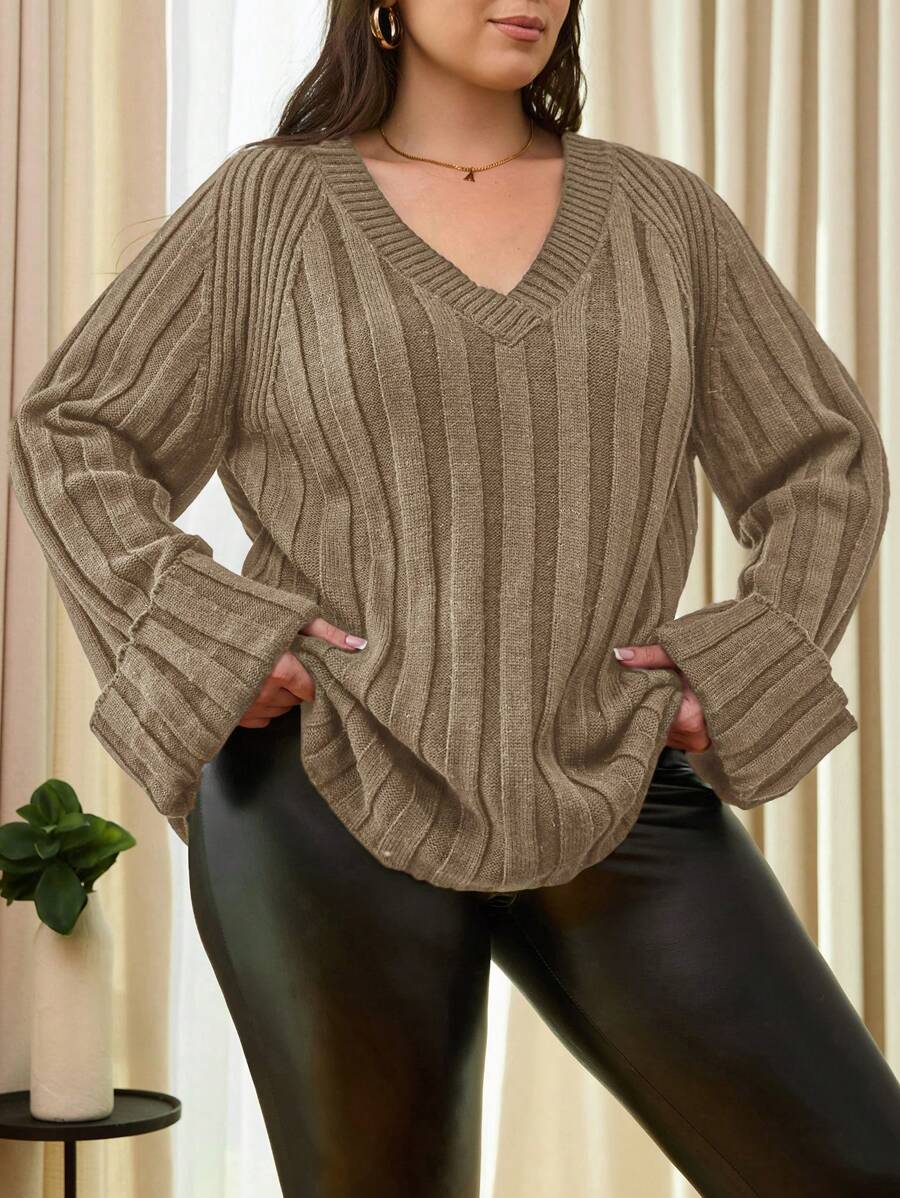 SHEIN Cottnline 加大罗纹纯色插肩袖毛衣,适合冬季 - 駝色 - 查看 1