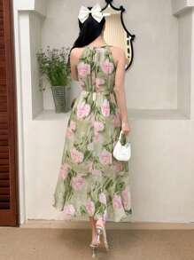 DAZY 女式圆领无袖花卉印花休闲迷你连衣裙夏季，适合春季巡航女装 - 綠色 - 查看 7