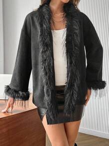 SHEIN Women's Long Sleeve Simple Cardigan Fur Collar Cape Outerwear - Black - View 3