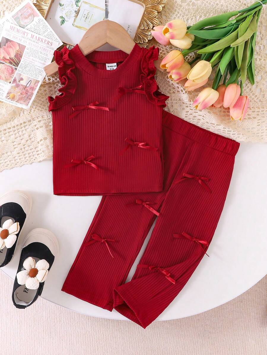 SHEIN 女宝宝夏季纯色蝴蝶结装饰背心和裤子套装 - 咖啡棕 - 查看 1