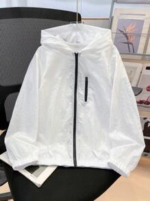 SHEIN Leap Crew Tween Boy Casual Hooded Contrast Color Zipper Lightweight Windbreaker Jacket, Suitable For Autumn, Spring And Summer, Perfect For Outdoor Play, Schooling, Street Style, Parties And Leisure - White - View 1