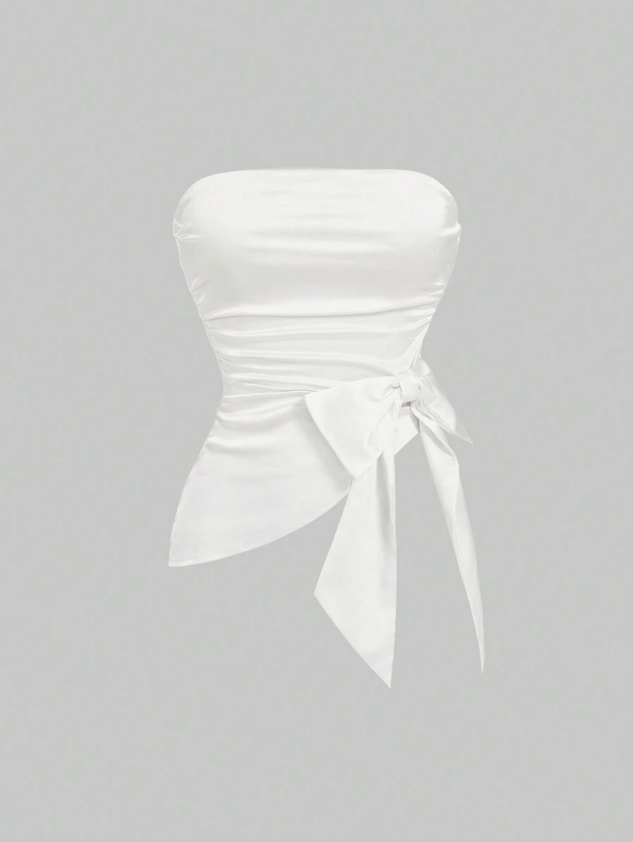 SHEIN MOD Women's Solid Color Ruched Bandeau Crop Top With Bow,Satin,Elegant,Going Out Tops Women,New Years Top,Sexy Top,Party Tops,White Tops - White - View 1
