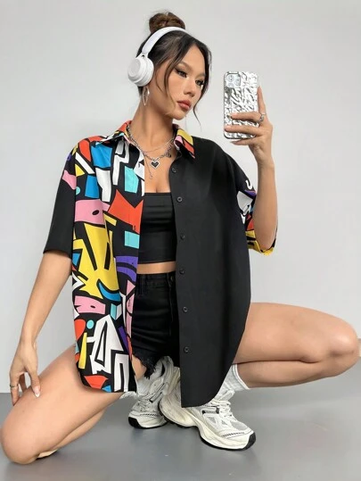 Coolane Fashionable Contrast Color Print Patchwork Button Up Oversized Shirt