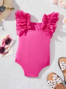 SHEIN 可爱粉色针织短袖连体衣，适合女宝宝，夏季 - 玫紅色 - 查看 2