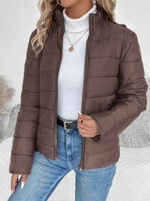 SHEIN LUNE Women Solid Color Long Sleeve Zipper Stand Collar Casual Winter Jacket Fall Cloth For Women - Coffee Brown - View 1