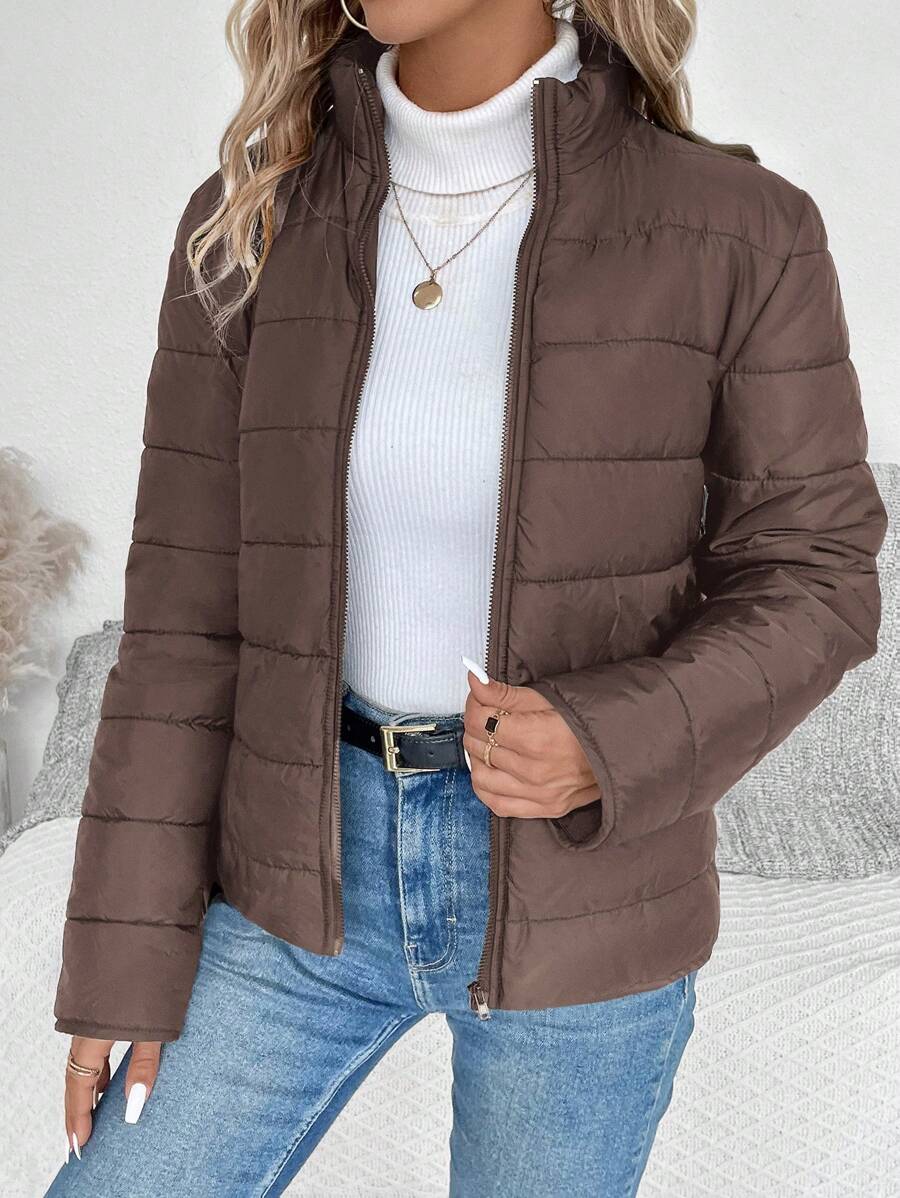 SHEIN LUNE Women Solid Color Long Sleeve Zipper Stand Collar Casual Winter Jacket Fall Cloth For Women - Coffee Brown - View 1