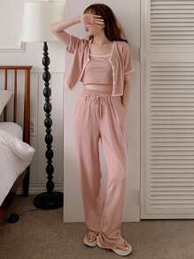 DAZY 2 件女式撞色饰边短款 T 恤和宽松长裤套装，休闲运动装，春夏