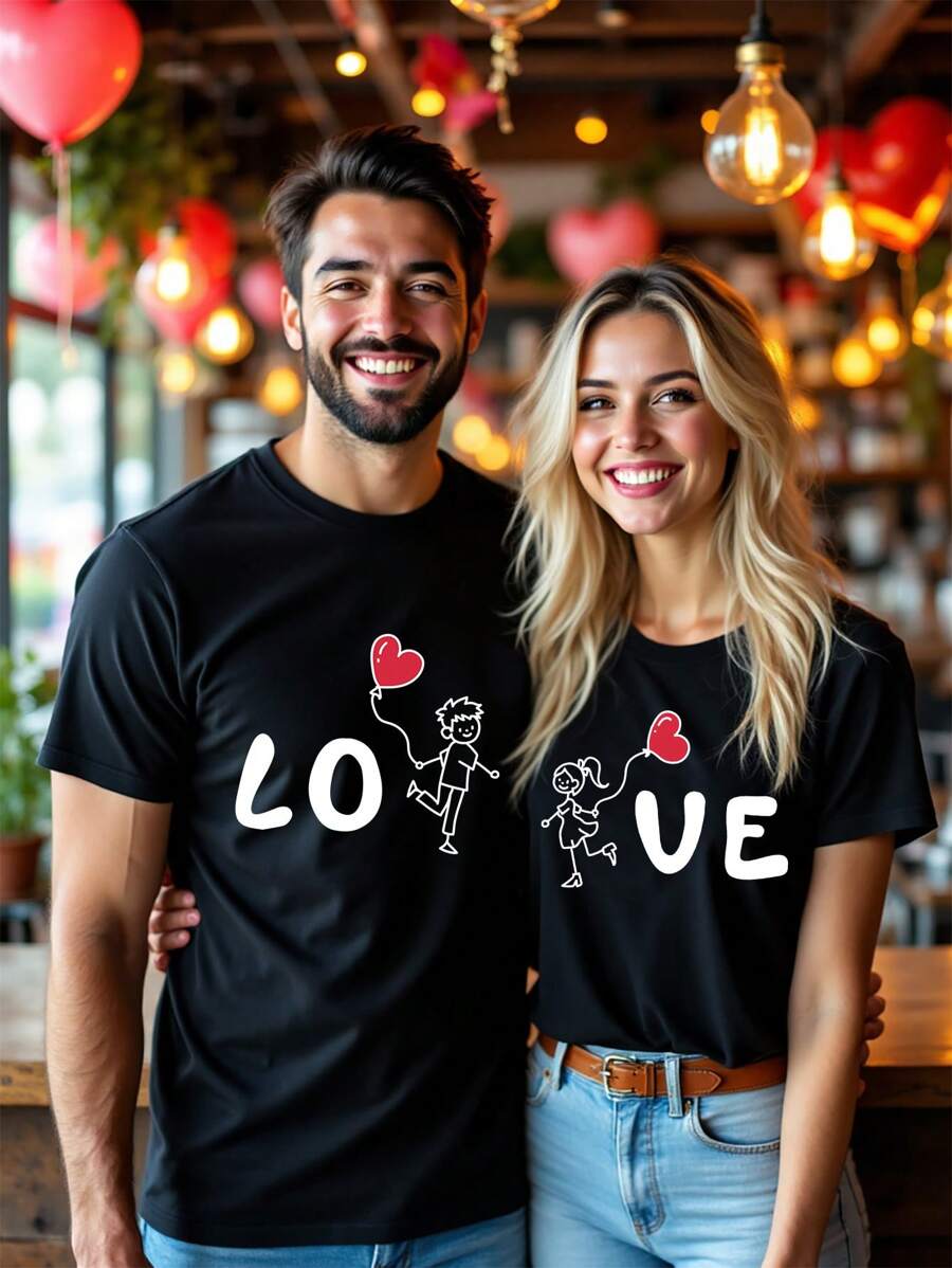 Manfinity Homme Casual Fashion Funny Interactive Cartoon Character Graphic Print Couple T-Shirt, Slim Fit Short Sleeve For Men, Suitable As A Gift For Boyfriend - Black - View 1