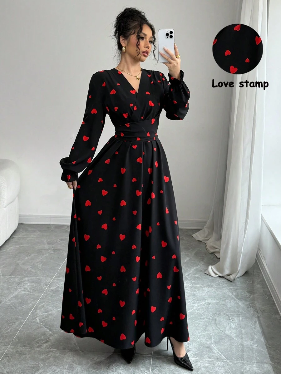 Selianne Mid-Length Criss-Cross Waist & Neck Strap Design Dress, Valentine's Day Fall Cloth For Women - Red and Black - View 1