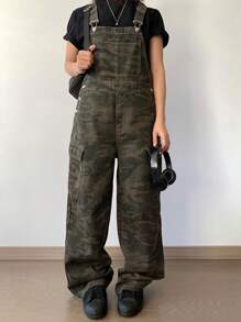 DAZY 女士宽松迷彩工装口袋牛仔背带连体裤 - 軍綠色 - 查看 6