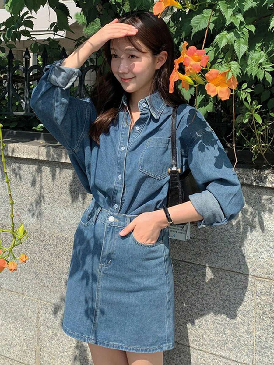 DAZY Women's Denim Loose Collared Top Shirt And Short Skirt 2 Pieces Set, Spring/Autumn - Medium Wash - View 1