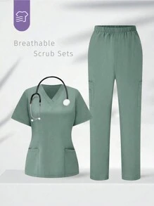 TaskEZ Conjunto de Uniforme Cirúrgico com Top de Bolso de Manga Curta e Gola V Sólida e Calça para Mulheres - Verde Menta - Visão 1