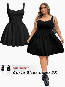 SHEIN CURVE+ Vestido corto y entallado de color negro para mujer de talla grande con decoración de espina de pescado, adecuado para citas, fiestas y galas - Negro - Ver 9
