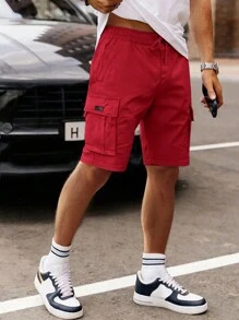 Manfinity Homme Men's Loose Fit Drawstring Waist Flip Pocket Cargo Shorts - Red - View 1