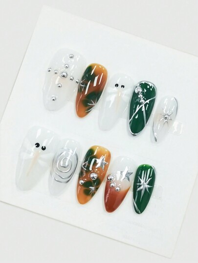 Fairycore 10pcs Handmade Dragonfly Press On Nails + 3pcs Double-Sided Adhesive Stickers, Removable Hand-Painted Nail Stickers, High Quality Glossy Colorful Manicure, Suitable For Festivals, Parties, Dancing And Daily Wear