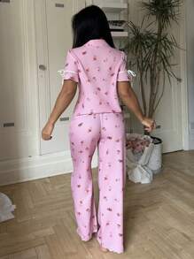 Women Floral & Butterfly Print Lapel Neck Short Sleeve Button-Up Top & Pants Pajama Set - Pink - View 2
