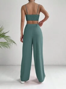 Muchica Commuting Style Pink Solid Crop Cami Top & Wide Leg Pants - Teal Blue - View 2