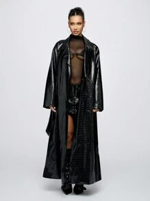 SUMWON WOMEN Luxury Patent Embossed Faux Leather Full Length Maxi Trench Coat Fall Winter Classic Double Breasted Belted Designer High Fashion Outerwear - Black - View 7