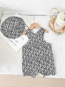 SHEIN Leap Crew Grenouillère de bébé garçon nouveau-né casual polyvalente de tous les jours avec imprimé lettres et chapeau, convient pour le printemps et l'été - Noir - Voir 2