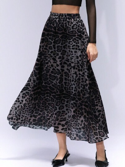 Aveloria Affinna Italian Romantic Classic Leopard Print Chiffon Swing A-Line Long Skirt For Women, Spring Fall Cloth For Women
