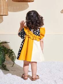 SHEIN Leap Crew Summer Cute Colorblock Ditsy Floral Ruffle Hem Dress For Baby Girl - Yellow - View 9