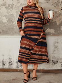 EMERY ROSE Vestido de punto de cuello alto a rayas con botones de coco decorativos, talla grande, estilo vintage