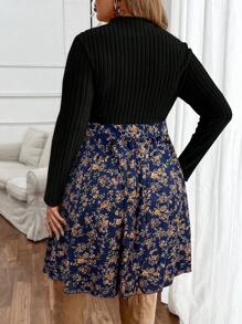 SHEIN VCAY Plus Size Apricot Knit Long Sleeve Stand Collar Patchwork Ditsy Floral Dress, Versatile & Casual Bohemian Style For Autumn/Winter