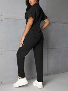 SHEIN SXY Women's Front Button Short Sleeve Pocket Casual Denim Jumpsuit - Black - View 2