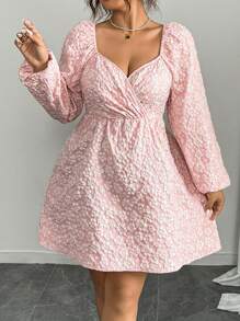 Flirla Damen Große Größen Kleid mit V-Ausschnitt, geraffeter Taille, Jacquard-Muster und Langarm, Osterbekleidung - Pink - Übersicht 4