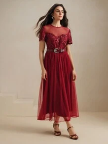 Anewsta Ancora 奢華深紅色優雅鏤空亮片網布拼接透視腰帶洋裝，適合夏季優雅派對正式場合與情人節 - 酒紅色 - 查看 8