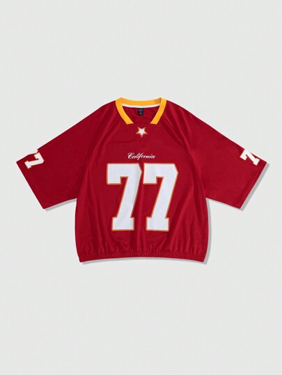 Prep Camiseta casual holgada de manga corta con cuello en V y estampado numérico para hombre