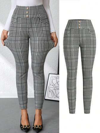 Ellevyn Women's Elegant Plaid Print Metal Buckle Decor Black & White High Waist Slimming Knit Pants, Summer