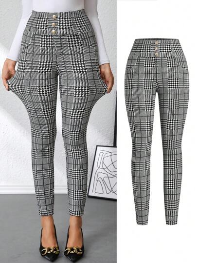 Ellevyn Pantalones de punto de cintura alta, estilizadores, con decoración de hebilla de metal y estampado a cuadros en blanco y negro, para mujer, de verano