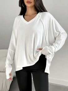 Flirla Camiseta Feminina de Ajuste Solto, com Decote em V, Manga Longa, Casual, de Fitness, Academia, Ombro à Mostra, Relaxada - Branco - Visão 6