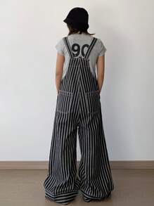 DAZY 女式条纹宽松口袋牛仔工装裤 - 黑與白 - 查看 5