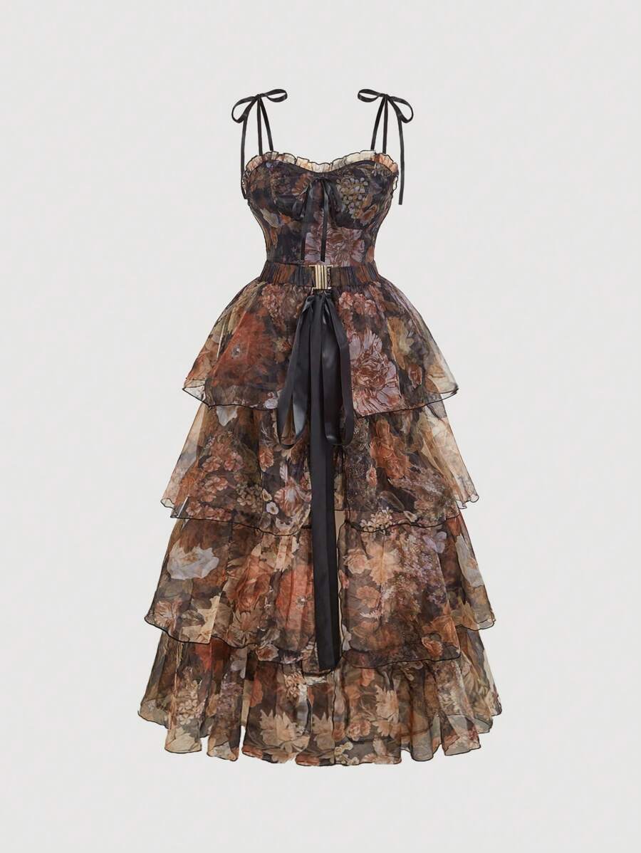 SHEIN MOD 大码复古全身花卉印花华丽二合一连衣裙，配有可拆卸多条裙子 - 宫廷风格、生日礼服、巡游礼服、堆叠礼服、万圣节礼服，适合夏季 - 橘色 - 查看 1