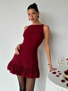 Aloruh 女士优雅圆领无袖紧身勃艮第红超迷你荷叶边红色荷叶边下摆连衣裙，适合情人节 - 酒紅色 - 查看 3