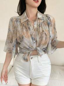 DAZY Spring New Arrival Plant Print Ladies Shirt, Casual For Valentine's Day Sheer Floral - Yellow - View 9