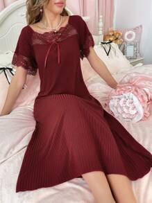 Côtesoire Women's Ruffle Lace Loose Nightgown, Simple & Fashionable For Everyday Casual Wear - Burgundy - View 4